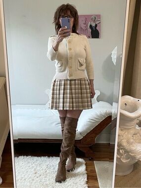 NWT CREAM BROWN TAN PLEATED SKIRT ZIPPER LINED NEUTRAL TONES OPEN FIT